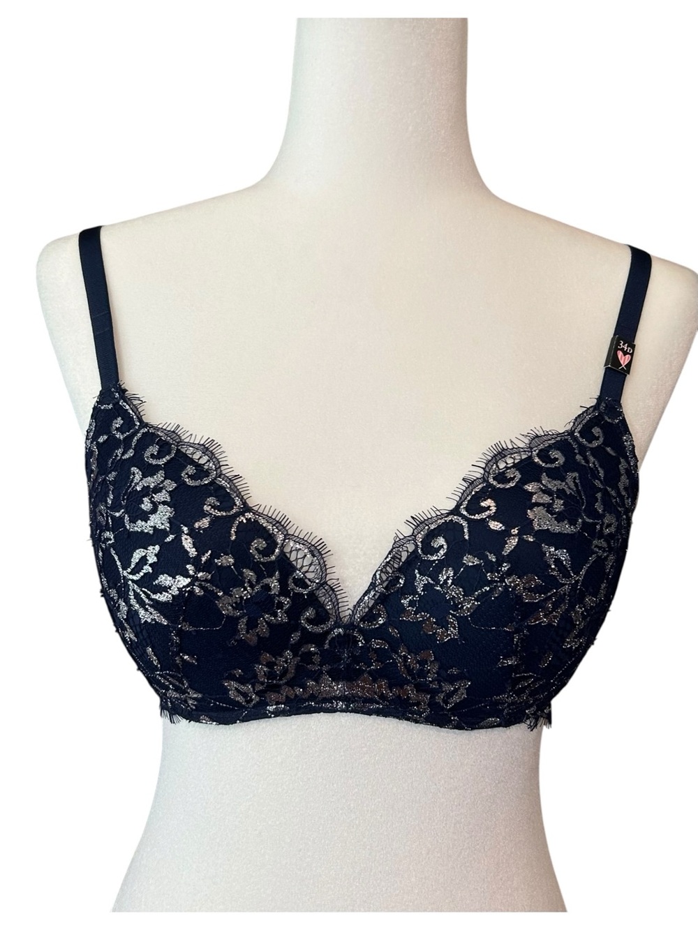 NWT Victoria’s Secret Dream Angels Padded No Wire Lace Bra SZ 34D in Navy Silver